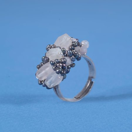 Bague Sakura – Quartz Rose & Perles Noires sur Argent Massif