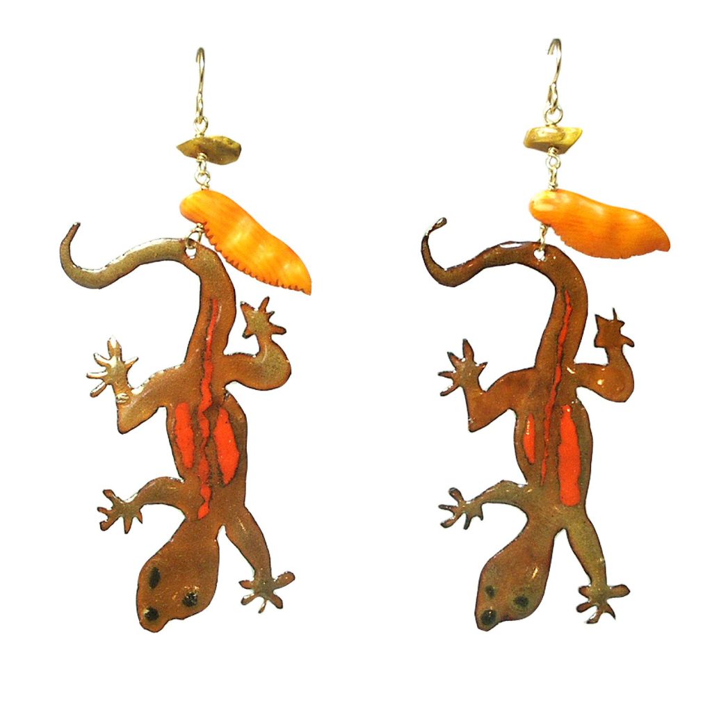 Colorful earrings featuring hanging gecko designs with orange accents.