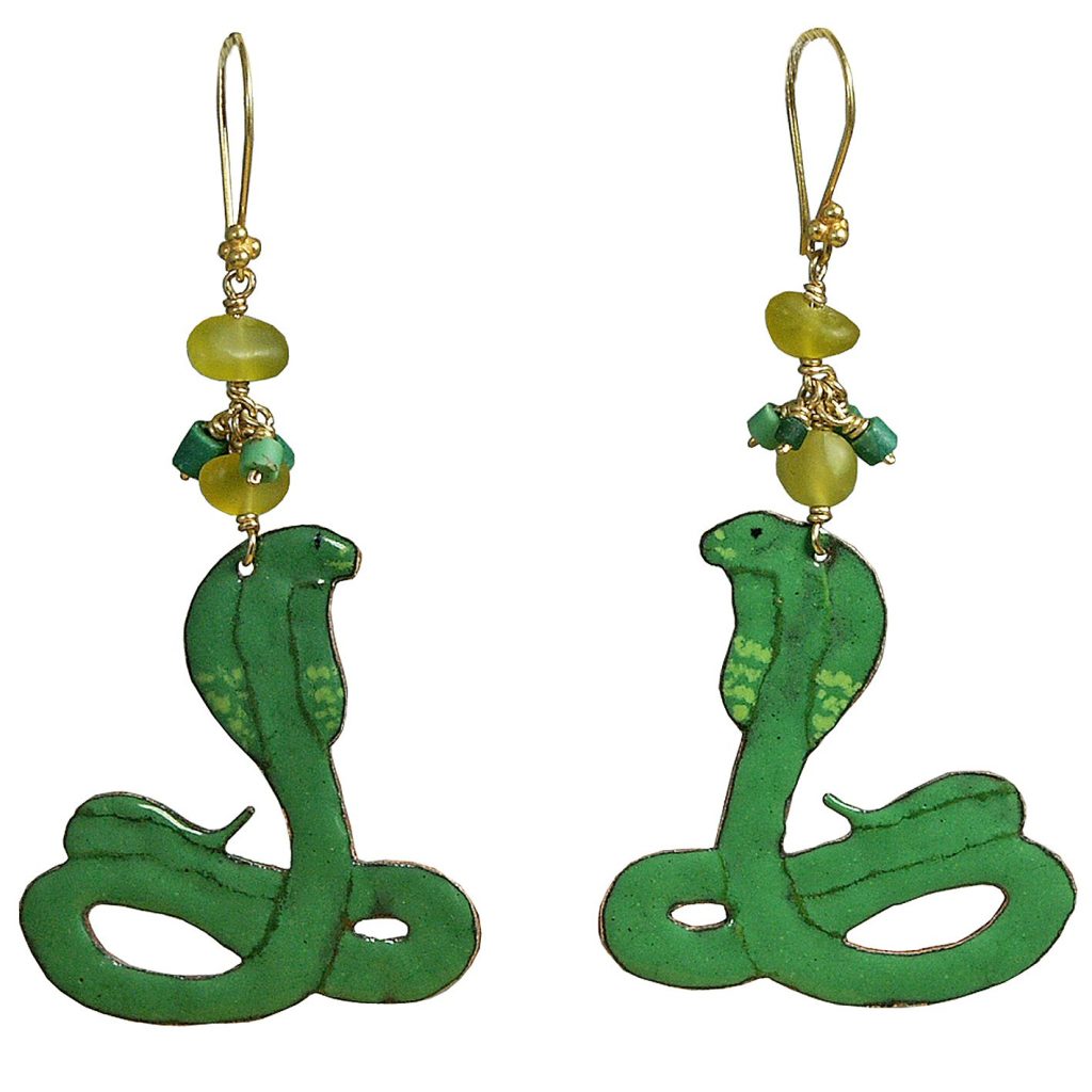 A pair of green snake-shaped earrings with decorative beads and gold hooks.