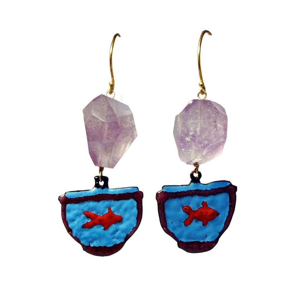 Colorful earrings featuring blue fish bowls with red fish and amethyst crystal accents.