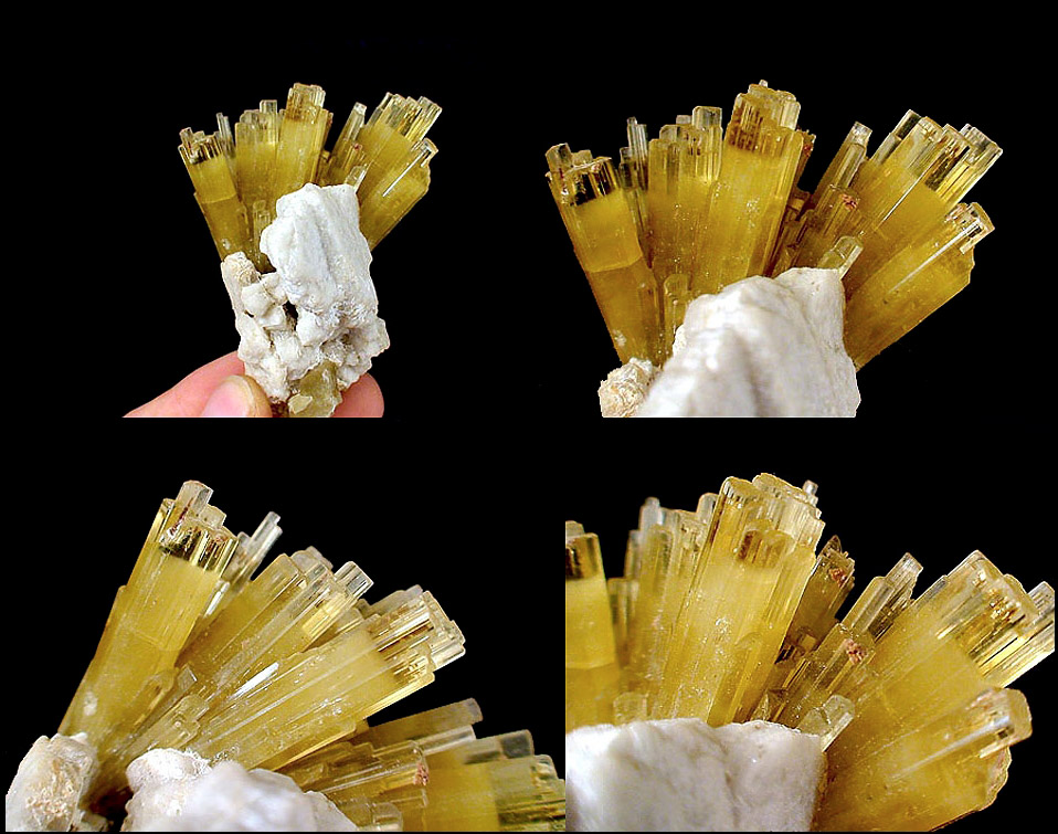 Un cristal de béryl jaune, présentant des formations hexagonales et brillantes, partagé entre des zones de cristal et un socle rocheux.