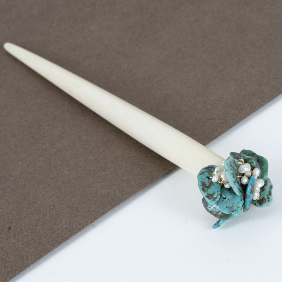 Pique à Cheveux Cybèle – Os Sculpté, Turquoise & Perles – Image 3