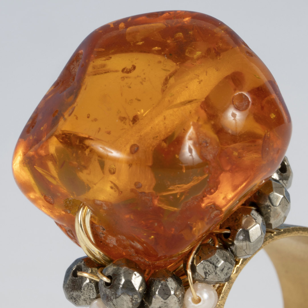 Bague Baltique – Ambre & Pyrite sur Métal Patiné – Image 4