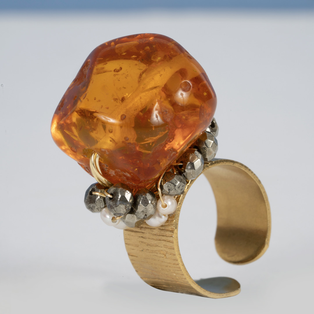 Bague Baltique – Ambre & Pyrite sur Métal Patiné