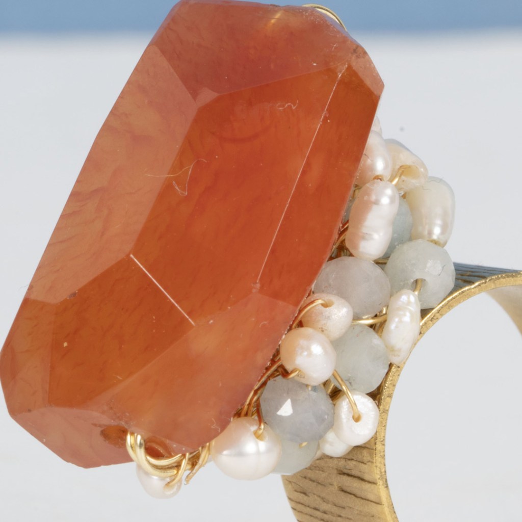 Bague Sienna – Cornaline, Aigue-Marine & Perles sur Métal Patiné