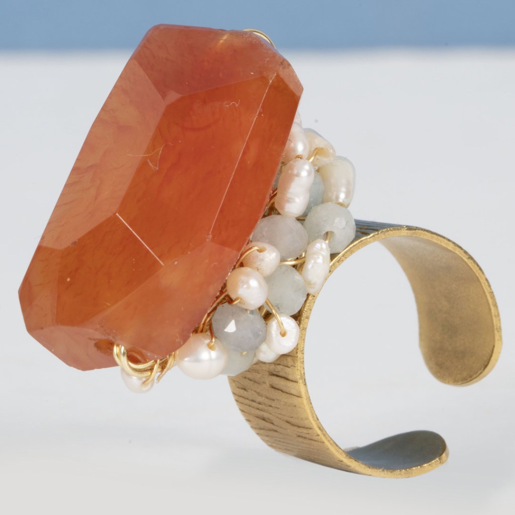 Bague Sienna – Cornaline, Aigue-Marine & Perles sur Métal Patiné