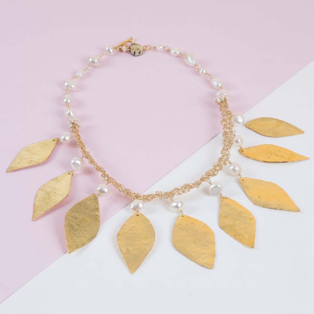 Collier Feuilles d&rsquo;Or et Perle Baroque