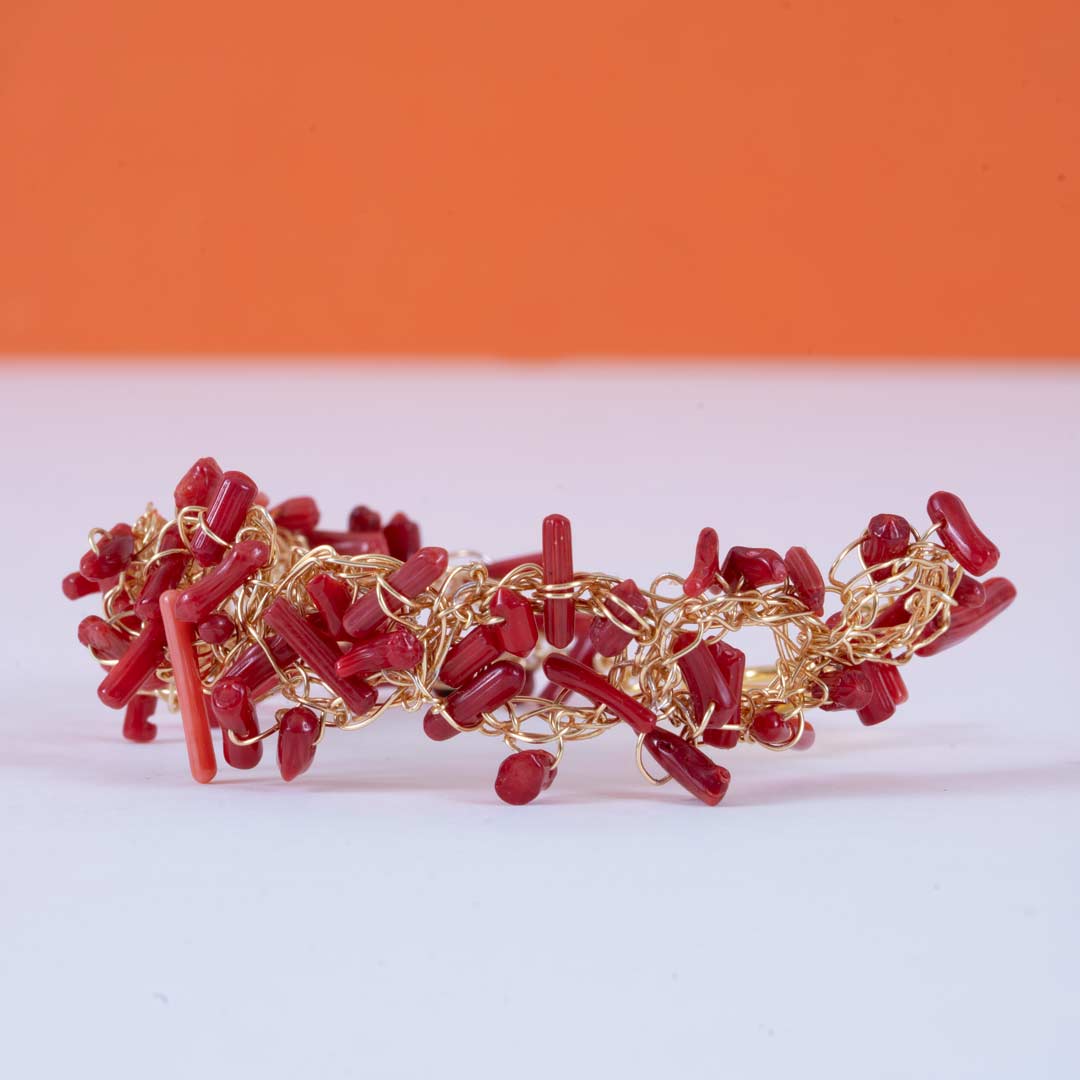 Bracelet Amphitrite – Crochet Plaqué Or & Corail Rouge