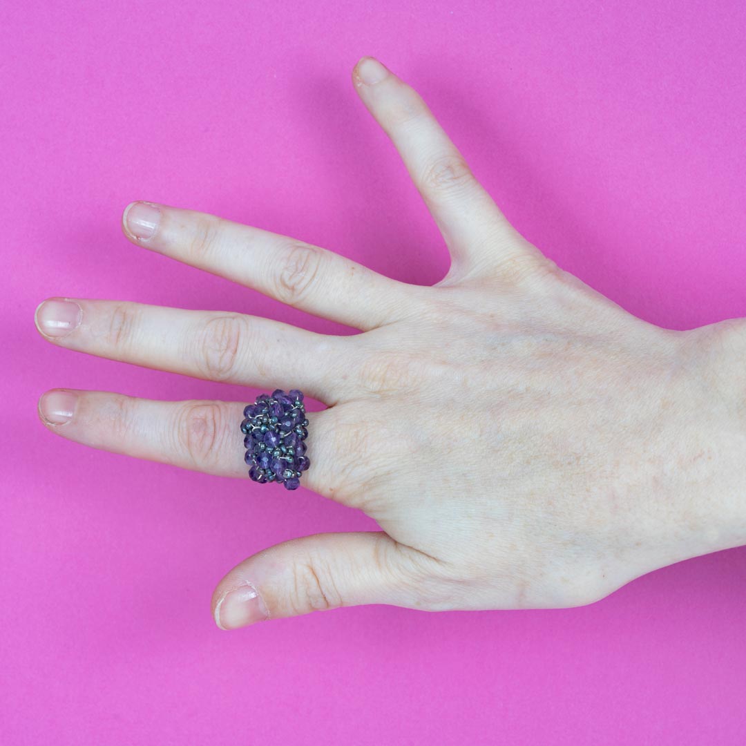 Bague Sibyle – Améthyste & Perles Noires sur Argent Massif