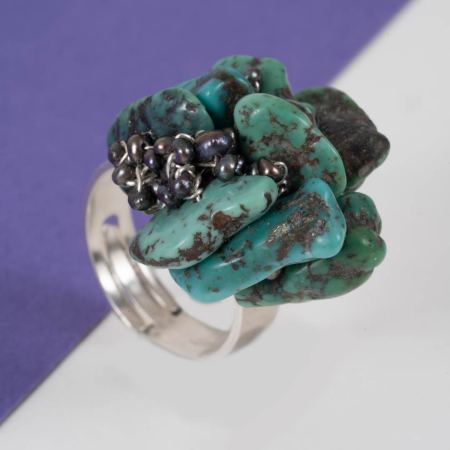 Bague Calanque – Argent Massif, Turquoises Brutes & Perles Noires – Image 2