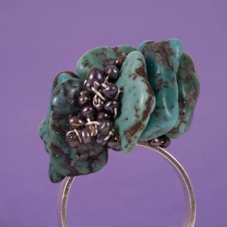 Bague Calanque – Argent Massif, Turquoises Brutes & Perles Noires