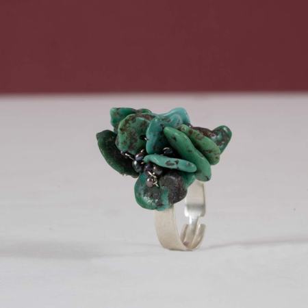 Bague Calanque – Argent Massif, Turquoises Brutes & Perles Noires